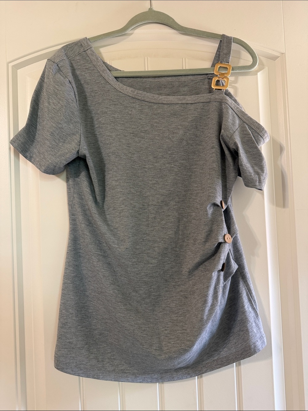 Gray One-Shoulder Short Sleeve Women's Top with Decorative Buttons